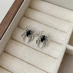 Needle Gothic Black Spider Charm Stud Earrings Gift Jewelry